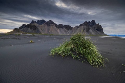 Vestrahorn, mountains with black lava sand, southern Iceland