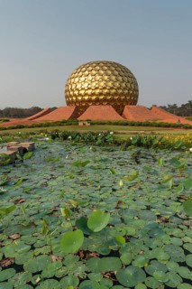 Lotus pond, meditation centre Matrimandir or Matri Mandir, future city Auroville, near Pondicherry