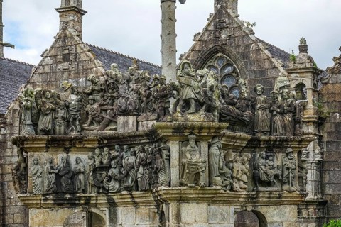 Calvary Calvaire, granite stone carving, Enclos Paroissial parish enclosure of Guimiliau, Finistere