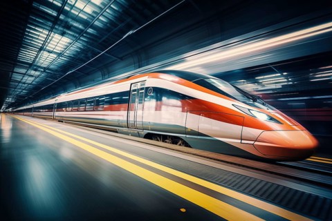 Modern high speed train in a futuristic train station. Modern transportation technology, speed,
