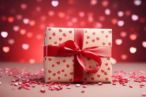 Valentine's Gift red gift box adorned with a soft pink ribbon, surrounded by heart-shaped confetti