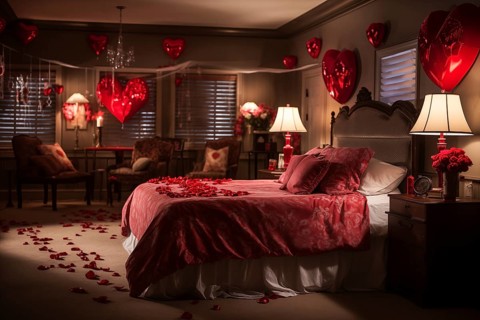 A cozy bedroom adorned with red and white heart-shaped balloons, rose petals, and candles creating