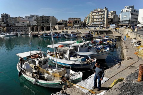 Fishing boats in the Venetian harbour of Heraklion, island of Crete, Greece, Europe