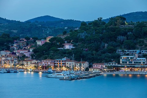 The marina of Porto Azzurro in the evening light, Elba, Tuscan Archipelago, Tuscany, Italy, Europe