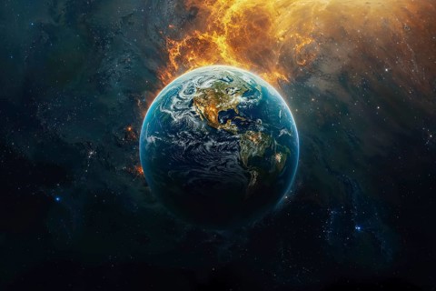 The earth in space, surrounded by the blazing heat of the dying sun, conveys a sense that