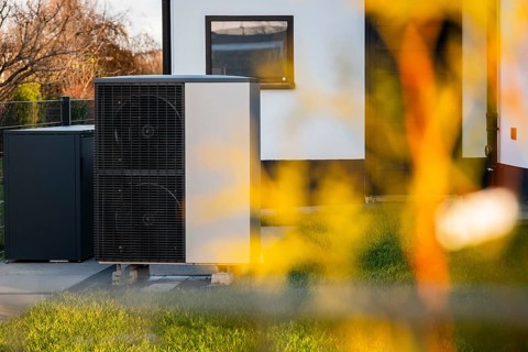 A heat pump in front of an apartment block in Duesseldorf, Germany, Europe