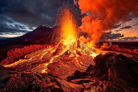 A spectacular volcanic eruption at dusk with flowing lava and smoke, AI generated, AI generated