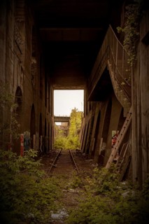 An abandoned railway structure with arches and natural overgrowth, decorated with graffiti, former