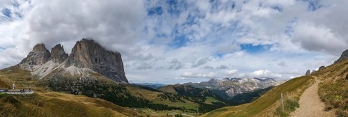 Panorama, Sassolungo Group, Pass summit, Passo Sella, Dolomites, South Tyrol, Italy, Europe