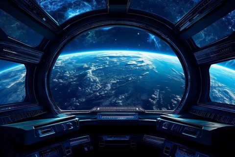 The Blue planet viewed from the window of a spaceship, AI Generated, AI generated