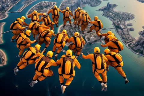 Skydivers flying in a rounded formation over Dubai, AI Generated, AI generated