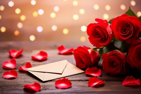 Vibrant red roses, a romantic valentine love letter in an elegant envelope, and scattered rose