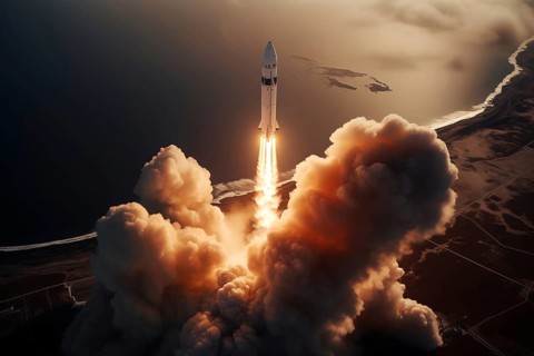 Aerial view of a rocket launch at sunrise sunset over an ocean coast. The rocket is blasting off