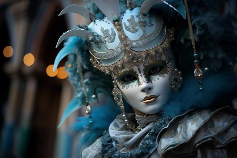 A person adorned in an elaborate and elegant costume, capturing the essence of the Venice Carnival