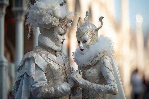A couple adorned in a richly detailed and colorful carnival costume, complete with an elaborate