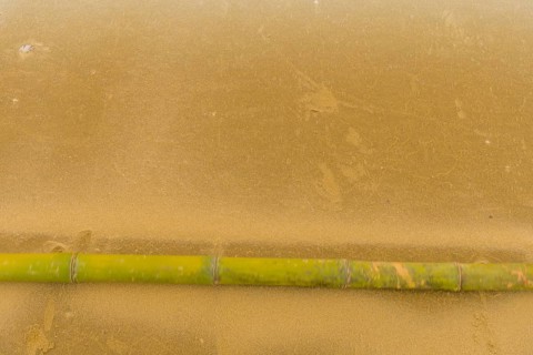 Solitary bamboo pole laying on windswept beach with streaks of sand being blown across the ground
