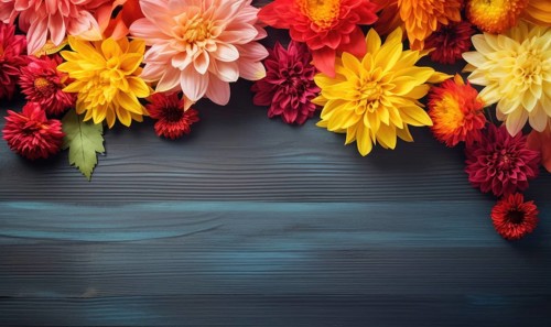 A dense arrangement of colorful chrysanthemums on a blue wooden surface AI generated