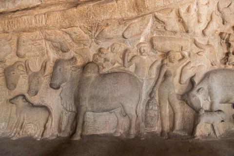 Bas-relief, detail, UNESCO World Heritage Site, Mahabalipuram or Mamallapuram, Tamil Nadu, India,