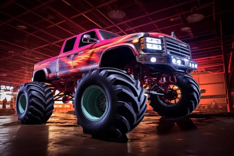 Monster truck illuminated by neon lights, excitement and thrill of an extreme sport and