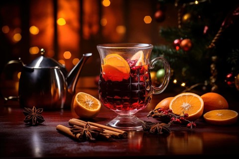 Glass of traditional mulled wine with orange and cranberry garnishes on a cozy Christmas table. The