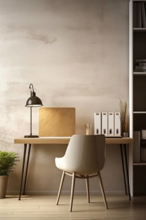 Modern minimalist workspace featuring a neat desk with contemporary accessories, a comfortable