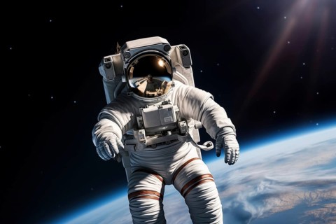 Astronaut Floating Above Earth in Space with extravehicular mobility unit and backpack. Wonder and