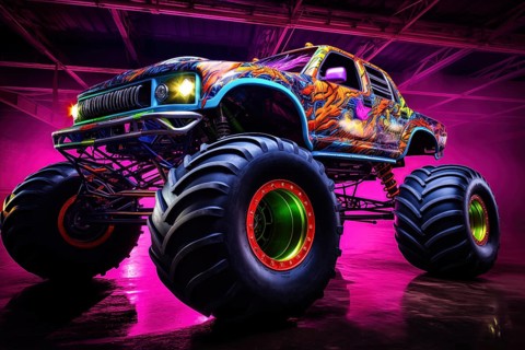 Monster truck illuminated by neon lights, excitement and thrill of an extreme sport and