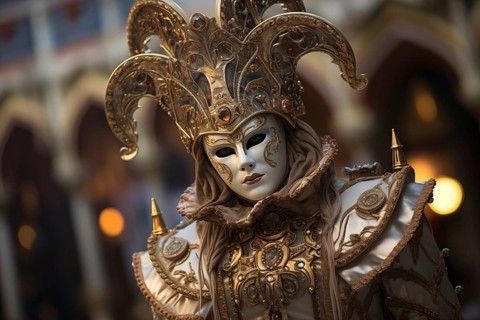 A person adorned in a richly detailed and colorful carnival costume, complete with an elaborate