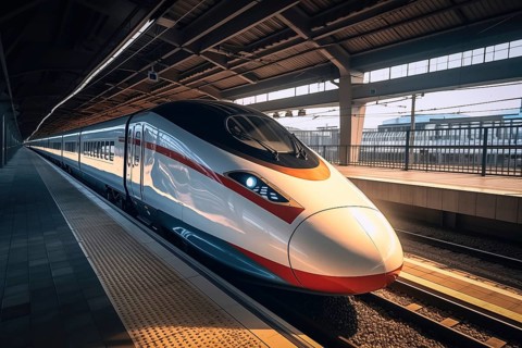Modern high speed train in a futuristic train station. Modern transportation technology, speed,