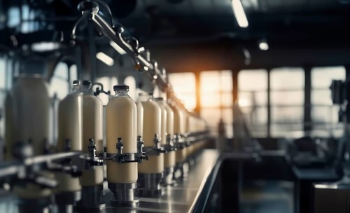 Plant for the production of milk and dairy products, conveyor belt with bottles of milk, AI