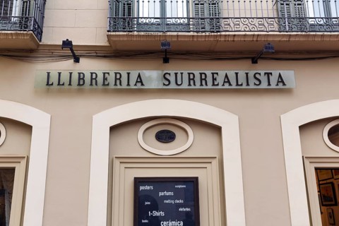 Sign with inscription, surrealist bookshop, facade, souvenir shop at the Dali Theatre-Museum in