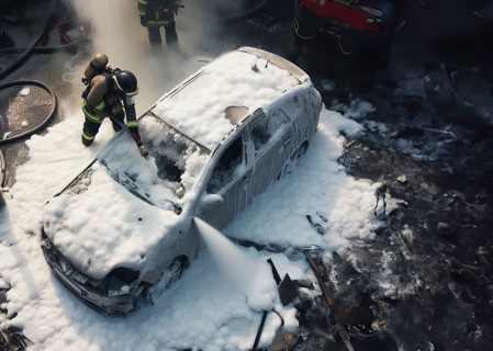 A firefighter in full gear uses a hose with chemical white foam to extinguish flames engulfing