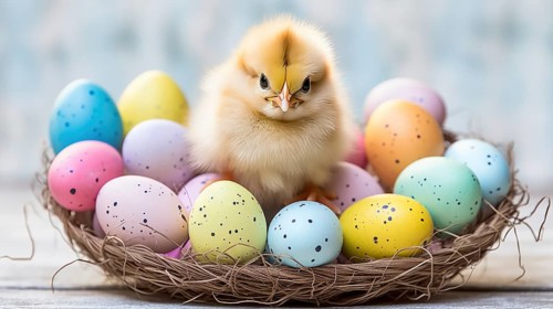A fluffy chick sits amidst a nest filled with pastel-colored, speckled Easter eggs AI generated