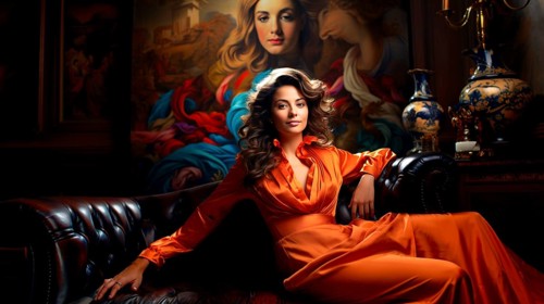 Beautiful young woman dressed in an orange dress, sitting in a salon on a black leather sofa, in