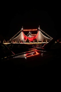 Tents of the 'Christmas Circus' with fairy lights mirrored on cars, Reutlingen, Germany, Europe