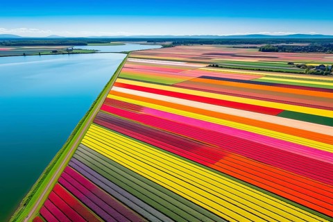 Aerial view of colorful tulip fields, The Netherlands, AI Generated, AI generated, Europe