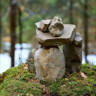 Steinmandl in the forest, Neureuth, Tegernsee, Mangfall mountains, Bavarian Prealps, Upper Bavaria,