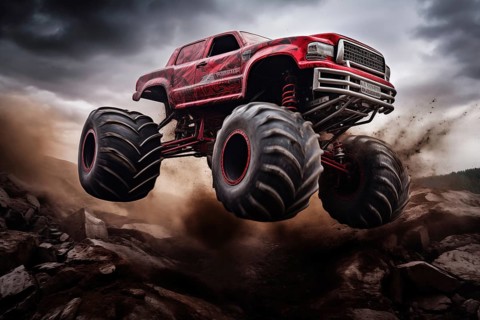 Monster truck driving and jumping outdoors amidst a cloud of dust. Thrill and adrenaline of an