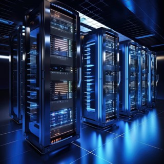 A modern data center with rows of server racks, high technology, artificial intelligence AI and