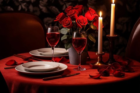 Table prepared for Valentine's Day dinner with red roses, and wine glasses filled, lit candles, and