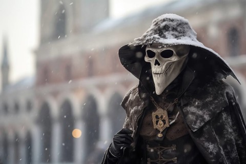 A person adorned in a richly detailed and colorful carnival costume in death mask, complete with an