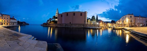 St. Anthony's Church and harbour, blue hour at dawn, panoramic view, Veli Losinj, Kvarner Bay,