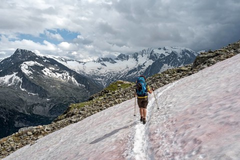 Mountaineer on hiking trail with snow, Berliner Hoehenweg, mountain landscape with glaciated peaks