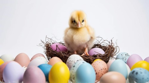 Cute chick stands in a nest with pastel-shaded Easter eggs AI generated