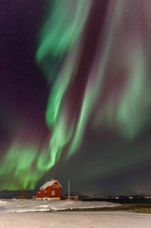 Northern lights over a red house by the sea, aurora borealis, snow, winter, Kvalsund, Repparfjord,