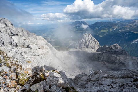 View of the rocky summit of the Kleiner Watzmann, Watzmann crossing to the Watzmann Mittelspitze,
