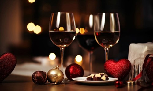 A romantic table setting featuring wine glasses, chocolates, and heart-shaped ornaments AI