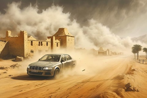Cars racing through a desert village in a sandstorm, AI Generated, AI generated