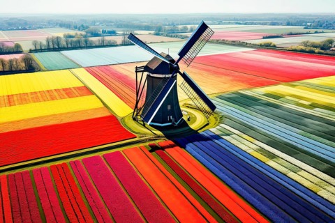 Aerial view of a Windmill in a colorful tulip field environment, The Netherlands, AI Generated, AI