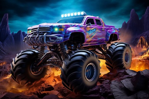 Monster truck illuminated by neon lights, excitement and thrill of an extreme sport and